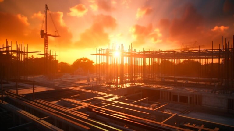 construction site sunset structural steel beam build large residential buildings generative ai